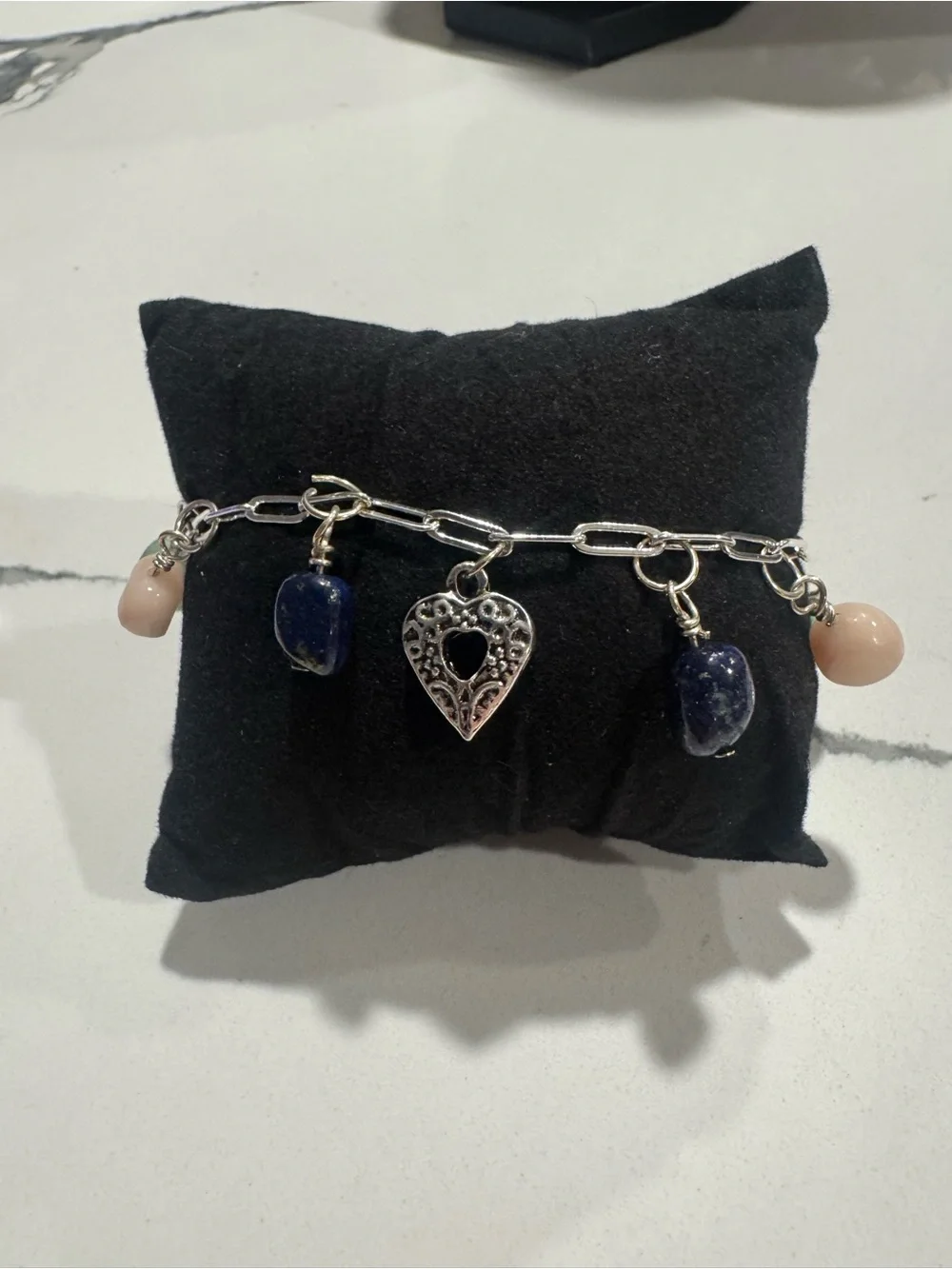 Handmade silver Charm Bracelet with fluorite, lapis and moonstone stone charm